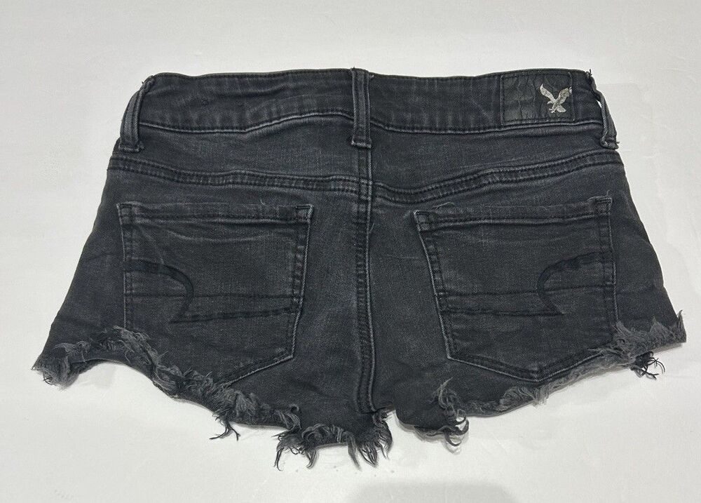 American Eagle Super Low Shortie Denim Shorts Women's Size 0 Black Frayed Cutoff - Picture 7 of 7